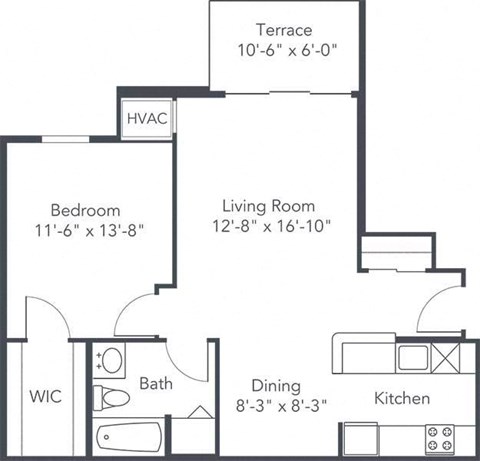 Floor plan for 1 bed, 1 bath, 751 sqft